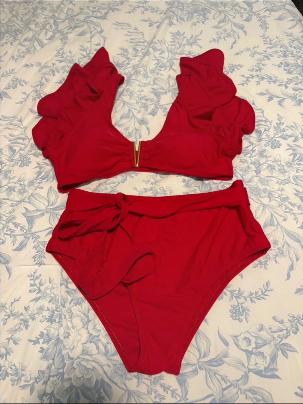 SHEIN Red Ruffle V-Front High-Waist Bikini Set